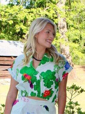 White Cropped Button-Up Top with Green Floral & Parrot Print